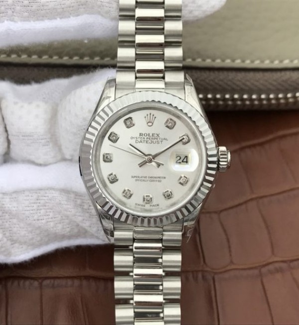 Rolex DateJust 28mm Fluted Bezel White Dial Diamonds Markers Bracelet A2236