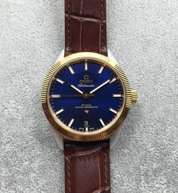 Omega Globemaster Master Chronometer Blue Dial Brown Leather Strap A8913