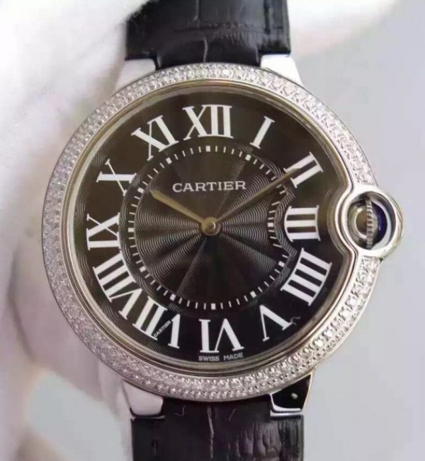 Cartier Ballon Bleu 40mm Diamonds Bezel Black Dial Leather Strap MIYOTA9015