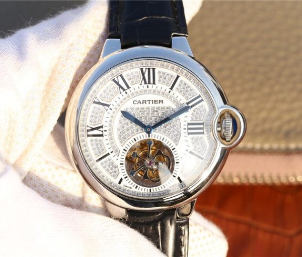 Cartier Ballon Bleu de Cartier Tourbillon SS Leather Strap Diamonds Dial