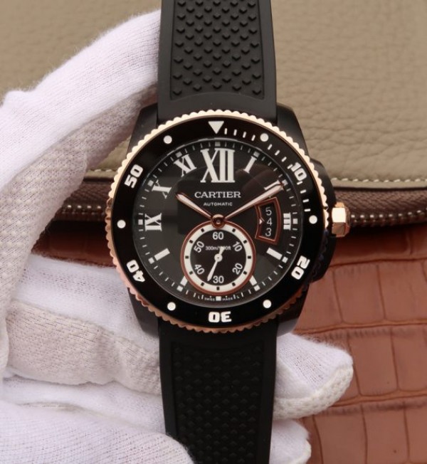 Cartier JJF Calibre De Cartier Diver DLC Black Dial RG Bezel Black Rubber Strap A23J