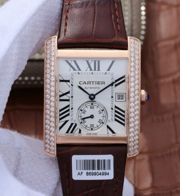 Cartier Tank MC RG White Textured Dial Diamonds Bezel Leather Strap