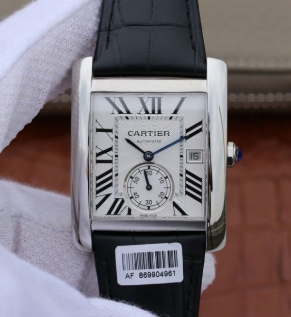 Cartier Tank MC SS Textured White Dial Black Leather Strap