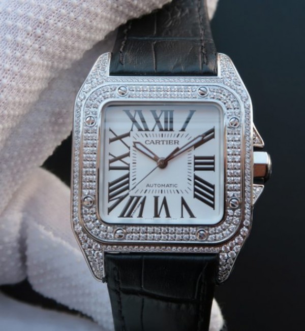 Cartier V6 Santos 100 41mm White Dial Diamond Bezel Black Leather Strap A2824