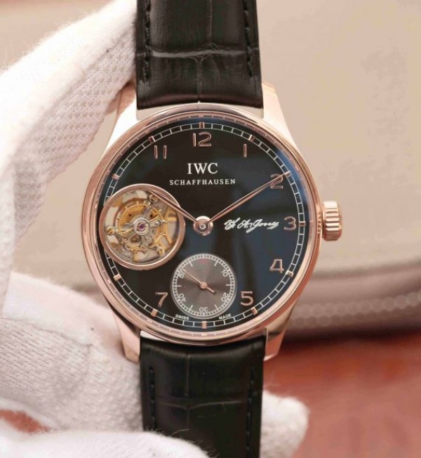 IWC AZ Portuguese Flying Tourbillon SS Black Dial Leather Strap