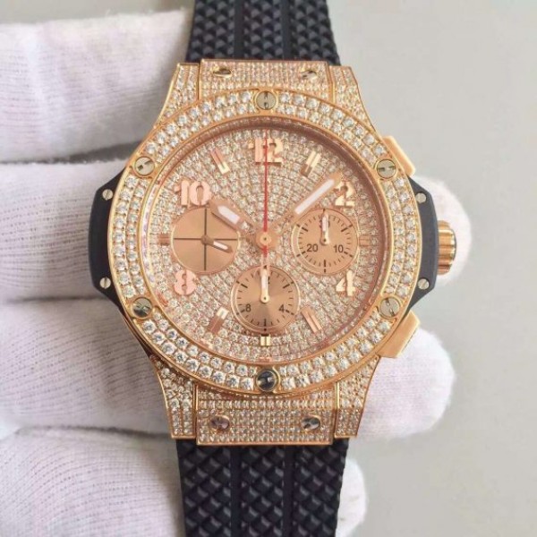 Hublot Big Bang Gold Full Pave Chrono RG Diamonds Dial Black Rubber Strap A7750